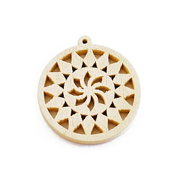 Old Lace Wood Pendants, for Earring Jewelry Making, Flat Round with Flower, Old Lace, 28mm