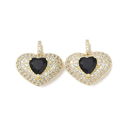 Black Rack Plating Brass Pendants, With Clear Cubic Zirconia, Long-Lasting Plated, Lead Free & Cadmium Free, Golden, Heart, Black, 20.5x20.5x10.5mm, Hole: 4mm
