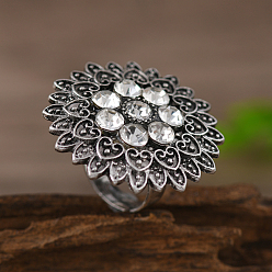 Античное Серебро Винтажные кольца в ближневосточном стиле с цветочным рисунком, выполненные из цинкового сплава и украшенные стразами., эффектные кольца, античное серебро, 34 мм, внутренний диаметр: 17 мм