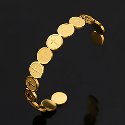 Золотой 201 женские браслеты-манжеты из нержавеющей стали, плоские круглые с крестом, золотые, внутренний диаметр: 2.32 дюйм (5.9 см)