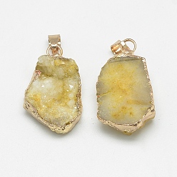 Pale Goldenrod Natural Druzy Agate Pendants, Druzy Trimmed Stone, Dyed, Nuggets, Pale Goldenrod, 23~40x13~30x7~20mm, Hole: 3x6mm