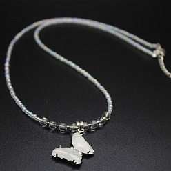 Quartz Crystal Natural Quartz Crystal Alloy Butterfly Pendant Glass Seed Beaded Necklaces for Women, Platinum, 22.44 inch(57cm)