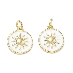 White Brass Enamel Pendants, Flat Round with Sun Charms, Cadmium Free & Lead Free, Rack Plating, Long-Lasting Plated, Real 18K Gold Plated, White, 15.5x13x3mm, Hole: 3.5mm