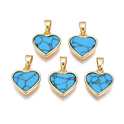 Türkis Echte 18 k vergoldete Messinganhänger, mit Kunst Türkiscabochons, Cadmiumfrei und Nickel frei und Bleifrei, Herz, Türkis, 12x11.5x3 mm, Bohrung: 2.5x5 mm