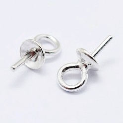 Silver 925 Sterling Silver Cup Pearl Bail Pin Pendants, For Half Drilled Beads, Silver, 7x3mm, Hole: 1.5mm, Pin: 0.6mm