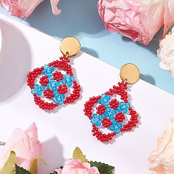 Малиновый 304 из нержавеющей стали серьги, с ромбовидным узором для ручного ткачества на стекле, золотые, малиновый, 47x30 мм