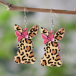 (932FM) Темно-синий аква-матовый с подкладкой Пасхальные деревянные серьги-подвески, кролик с бантом, платина, темно-золотистые, 70x20 мм