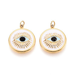 Белый 304 нержавеющей стальной эмали подвески, плоский круглый и сглаз, с целью перехода в кольце, ионное покрытие (ip), реальный 18 k позолоченный, белые, 17.5x15x3 мм, отверстие : 2.8 мм