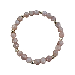 Sunstone Round Natural Sunstone & Brass Beads Stretch Bracelets for Women, 6.89 inch(17.5cm)