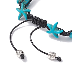 Dark Turquoise Synthetic Turquoise Starfish & Turtle Braided Bead Bracelet, with Polyester Cord, Dark Turquoise, Inner Diameter: 2-1/4~3-1/8 inch(5.8~8.05cm)