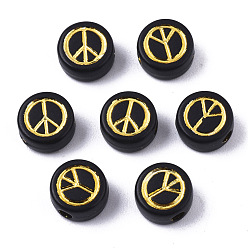 Black Opaque Acrylic Beads, Flat Round with Peace Sign, Golden Plated, Black, 7x4mm, Hole: 1.6mm, about 3700pcs/500g