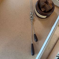 Платина Регулируемое колье-лариата из сплава с деревянной каплевидной кисточкой и цепочкой в форме капли для женщин., кокосового коричневый, платина, 23.62~27.56 дюйм (60~70 см), кулон: 25 мм & 35 мм