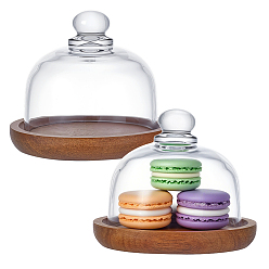 Прозрачный 2 прозрачные стеклянные витрины-колокола для десертов/тортов, колокольчики, с круглыми деревянными основаниями, прозрачные, 10.5x9.5 см, Внутренний диаметр: 8 cm