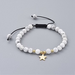 Howlite Adjustable Nylon Thread Braided Bead Bracelets, with Natural Howlite Beads, Brass Charms and Beads, Star, 2-1/8 inch~3-3/8 inch(5.5~8.5cm)