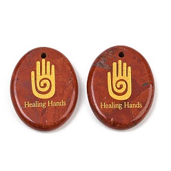 Red Jasper Natural Red Jasper Pendants, Flat Oval Healing Stone Charms with Engraved Gold Hamsa Hand Pattern, 45x35~35.5x7~8mm, Hole: 2.5mm