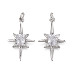 Платинированный Латунные микропаве прозрачные подвески с фианитом, с прыжковых колец, долговечный, Сияющая звезда, Реальная платина, 26x16x4.5 мм, отверстие : 3 мм