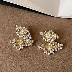 Golden Brass Micro Pave Cubic Zirconia Stud Earrings, Leaf, Golden, 26mm