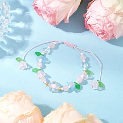 Розовый Кварц Браслеты из плетеных бусин из натурального розового кварца, регулируемые женские браслеты из нейлоновой нити, цветок, внутренний диаметр: 1-5/8~3-7/8 дюйм (4.1~9.8 см)