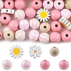 Mixed Color 34Pcs Printed Schima Wood Beads Sets, Round & Flower, Mixed Color, 16mm, Hole: 4mm, 4 colors, 6pcs/color, 24pcs