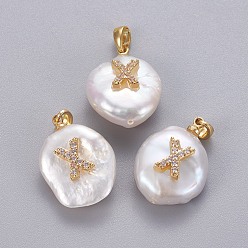 Letter X Подвески из натурального пресноводного жемчуга, с латунными микро проложить кубических выводы циркония, самородки с буквой, долговечный, золотые, прозрачные, letter.x, 17~27x12~16x6~12 мм, отверстие : 4x2.5 мм