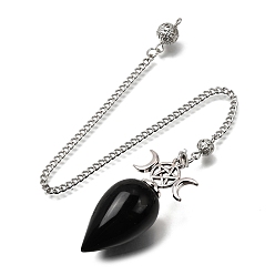 Obsidiana Colgantes de péndulo de obsidiana natural, con cadena de hierro y tapas de aleación, dijes de lágrima y pentagrama de triple luna, 258~260 mm, agujero: 1.6 mm