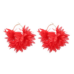 Малиновый Серьги-кольца из сплава ткани, цветок, платина, малиновый, 100x110 мм