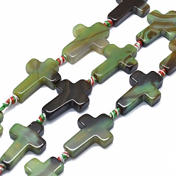 Светло-зеленый Коричневый Природный агат бисер нитей, окрашенная и подогревом, крестик, оливковый, 31~32x20.5~21.5x5.5~7.5 мм, отверстие : 2 мм, около 10 шт / нитка, 15.3 дюйм ~ 15.7 дюйм (39 см)
