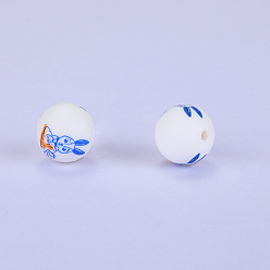 White Printed Round with Rabbit Pattern Silicone Focal Beads, White, 15x15mm, Hole: 2mm