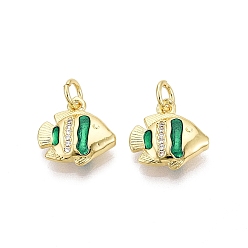 Морско-зеленый Латунные микропаве прозрачные подвески с фианитом, рыбы прелести, с эмалью, золотые, цвета морской волны, 14.5x14.5x4 мм, отверстие : 4 мм, Перейти кольцо: 6x1 мм, внутренний диаметр: 4 мм