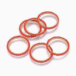 Red MIYUKI & TOHO Handmade Japanese Seed Beads, with 304 Stainless Steel Link Rings, Loom Pattern, Ring, Golden, Red, 22~23x1.7mm