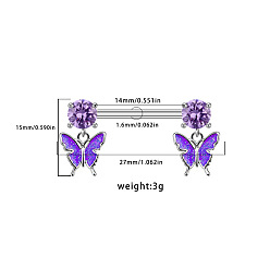 Бабочка 316l Кольца для сосков из хирургической нержавеющей стали с фиолетовым кубическим цирконием, цвет нержавеющей стали, бабочка, 14 мм