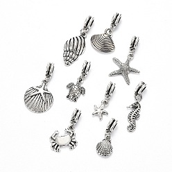 Античное Серебро Европейские подвески из сплава в тибетском стиле, бусины с большим отверстием, Тема океана, разнообразные, античное серебро, 24~36.5 мм, Кулон : 12.6~24.8x8.4~18.8x1.7~5.5 мм, отверстие : 4.7 мм, 9 шт / комплект