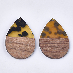 Goldenrod Resin & Walnut Wood Pendants, Teardrop, Goldenrod, 47.5~48x31.5x3mm, Hole: 2mm