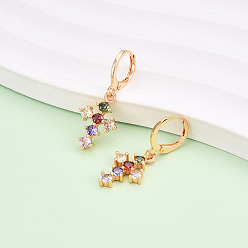 Разноцветный Серьги-подвески с застежкой-молнией крест-накрест из латуни с микропаве из кубических цирконий, долговечный, золотые, красочный, 31.5x12 мм