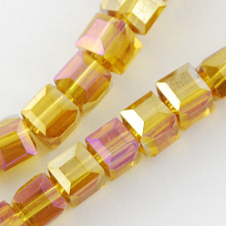 (932FM) Темно-синий аква-матовый с подкладкой Стеклянные бусины с гальваническим покрытием , с покрытием AB цвета, граненые, кубические, темно-золотистые, 4x4x4 мм, отверстие : 1 мм, около 100 шт / нитка, 17 дюйм