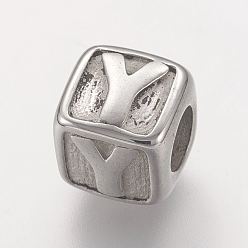 Letter Y Устойчивые к потускнению 304 европейские бусины из нержавеющей стали, горизонтальное отверстие, бусины с большим отверстием, куб с letter.y, 8x8x8 мм, отверстие : 4 мм