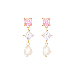 Clair Boucles d'oreilles carrées en verre, boucles d'oreilles pendantes en perles naturelles avec 304 épingles en acier inoxydable, clair, 40mm