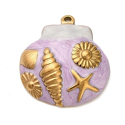 Лиловый 304 нержавеющей стальной эмали подвески, в форме ракушки с подвесками в виде раковины и морской звезды, ионное покрытие (ip), золотые, сирень, 21.5x20x4 мм, отверстие : 1.4 мм