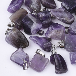 Amethyst Natural Amethyst Pendants, with Stainless Steel Snap On Bails, Nuggets, 15~35x10~20x5~15mm, Hole: 3x7.5mm