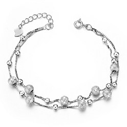 Platinum Rhodium Plated 925 Sterling Silver Multi-strand Bracelets, Double Chains and Beads, with S925 Stamp, Platinum, 6-1/2 inch(16.5cm)