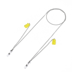 Champagne Yellow 304 Stainless Steel Eyeglasses Chains, Neck Strap for Eyeglasses, with Bear Resin Pendants and Rubber Loop Ends, Stainless Steel Color, Champagne Yellow, 27.95 inch(71cm)