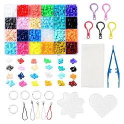 Gemischte Farbe DIY Schlüsselbund machen Kits, einschließlich rohr pe sicherungsperlen, herz & blume abc plastik stecktafeln, Papier bügeln, Sicherungsperlenpinzette aus Kunststoff & Karabinerverschluss-Befunde, Eisen Split Schlüsselringe, Gurt, Gemischte Farbe, Rohrperlen: 1680pcs / set