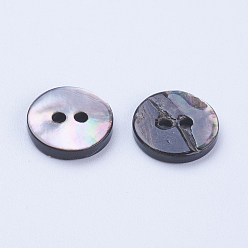 Black Natural Black Lip Shell Buttons, 2-Hole, Flat Round, Black, 10x2mm, Hole: 1.5mm