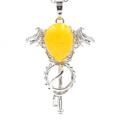 Topaz Jade Natural Topaz Jade Pendants, with Platinum Plated Brass Findings, Wing with Key Charms, 47x32x11mm