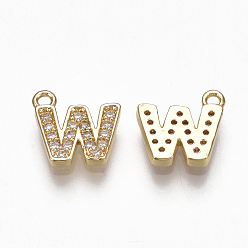 Letter W Brass Cubic Zirconia Charms, Letter, Clear, Real 18K Gold Plated, Letter.W, 8.5x9.5x1.5mm, Hole: 1mm