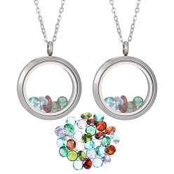 Stainless Steel Color DIY Pendant Necklaces, Including 2Pcs 304 Stainless Steel Flat Round Locket Pendants & 2Pcs Cable Chains and 32Pcs 8 Colors Cubic Zirconia Cabochons, Mixed Color, Stainless Steel Color, 36.5x30x6.5mm, Hole: 5mm