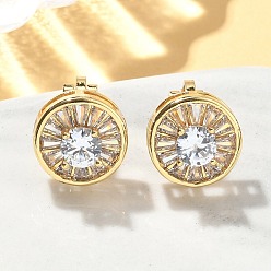 Плоский Круглый Серьги-клипсы из латунного микро-паве с прозрачными фианитами, без свинца и без кадмия, долговечный, реальный 18 k позолоченный, плоско-круглые, 11.5 мм