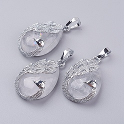 Хрусталь Природного кварца хрустальных подвесок, подвески из горного хрусталя, с латунной найти, слезинка с павлина, платина, 33x20x10.5 мм, отверстие : 5x6.5 мм