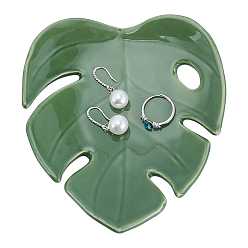 Светло-зеленый Коричневый Поднос для украшений из фарфора, лист, оливковый, 140x125x23.5 мм