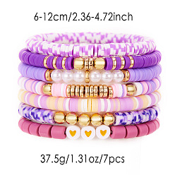 (52) Непрозрачная лаванда 7 Набор эластичных браслетов для женщин с узором в виде сердечек из полимерной глины, пластиковых бусин и жемчуга, а также пластиковых бусин CCB., разноцветные, внутренний диаметр: 2.56~5.12 дюйм (6.5~13 см)